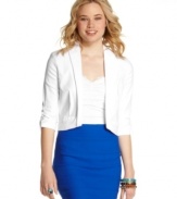 A chic, cropped silhouette plus three-quarter sleeves equal a warm-weather blazer from BCX that deserves a round of applause!