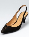 Ladder-like stitching adds a unique touch to the Sigerson Morrison Warhol slingbacks, a pointed slingback style with a walkable heel.