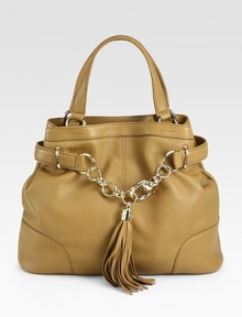 Incredibly soft deerskin cinched with a metal chain, iconic horsebit hook and tassel.Double top handles, 5¼ dropSnap strap closureProtective metal feetOne inside zip pocketTwo inside open pocketsCotton jacquard lining15W X 12H X 5¾DMade in Italy Incredibly soft deerskin cinched with a metal chain, iconic horsebit hook and tassel.Double top handles, 5¼ dropSnap strap closureProtective metal feetOne inside zip pocketTwo inside open pocketsCotton jacquard lining15W X 12H X 5¾DMade in Italy