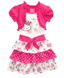 Girls rule! And she'll definitely feel like she's the queen in this adorable tiered skirt dress with attached shrug from Hello Kitty.