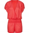 Bring instant chic to your poolside style with this adorable cover up jumpsuit from Juicy Couture - V-neck, wrap front, shirred waistband, short sleeve, mini-length shorts - Style with a classic bikini and wedge sandals