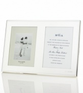 Polished to a lustrous mirror-like finish, this elegant double invitation frame is crafted in silver-plated metal, lending sheer radiance to your finest photos and memorabilia. With Mr. & Mrs. engraved in the bottom right corner. Holds two 5 x 7 photos side by side.