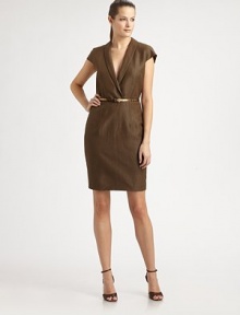 Timelessly stylish, this cap-sleeve dress features a hint of stretch, classic Princess seams and a belted silhouette for a flattering look. Shawl collarCap sleevesPrincess seamsLeather belt includedConcealed back zipperBack ventFully linedAbout 21 from natural waist57% virgin wool/40% linen/3% elastaneDry cleanImported Model shown is 5'10 (177cm) wearing US size 4. Timelessly stylish, this cap-sleeve dress features a hint of stretch, classic Princess seams and a belted silhouette for a flattering look. Shawl collarCap sleevesPrincess seamsLeather belt includedConcealed back zipperBack ventFully linedAbout 21 from natural waist57% virgin wool/40% linen/3% elastaneDry cleanImported Model shown is 5'10 (177cm) wearing US size 4.