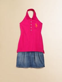 A warm-weather ready polo in a halter silhouette is embellished with a signature Big Pony for sporty, casual style.Halter with ribbed polo collarButton downSide-vented hem98% cotton/2% elastaneMachine washImported Please note: Number of buttons may vary depending on size ordered. 