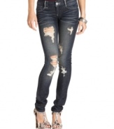 Love the contrast! A hint of sparkle lends girly flourish to the tough, destroyed style of these skinny jeans from Rewash.