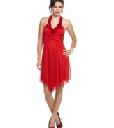 Red is the color to be seen in this season! Get your fix in this gorgeous Trixxi dress, adorned with a halter-style, rosette-ruffled neckline and a graceful asymmetrical hem.