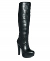 Jessica Simpson's Aura tall platform boots give off a strong, sexy vibe. With tiered material embellishment and a towering covered heel, they'll look striking with a short skirt for your next night out.