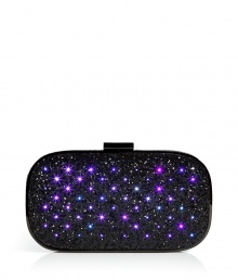 Dotted with flashing LED lights and playfully packaged like a toy, Anya Hindmarchs seasonal Marano Dancer clutch is a dazzling take on this favorite style - Press at corner to activate lights, on/off switch in battery pack concealed in inside zip pocket, comes with a replacement battery - Gunmetal-toned frame with logo clasp, black glitter, inside back wall zippered pocket, black suede interior - Pair with flirty cocktail dresses and jet black heels