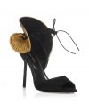 Dreamy black suede sandals with gold frill by Sergio Rossi - Ultra-sexy peep-toe shoe with flirty golden bow detail at ankle - Rich black suede with super high 12 cm stiletto heel, and tie-up ankle strap - Wear with slim trousers, a sultry sheer blouse, and a bib-necklace