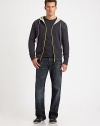 A basics essential with a two-tone hood detail stands out amongst the rest.Zip frontDrawstring hoodKangaroo pockets97% cotton/ 3% spandexMachine washImported