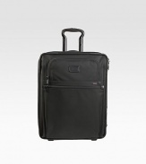 Signature nylon bag features a removable garment sleeve, interior accessories pocket, exterior pockets and an Add-a-Bag strap--with its wider front, this case is designed to meet carry-on regulations for flights within Europe. Top, side and bottom carry handles Telescoping handle Zip closure Exterior front u-zip and zip pockets Interior front zip pocket Tumi Tracer protection 20W X 15¾H X 8½D Imported