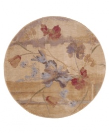 A beautiful painting set upon a plush, luminous canvas. Round rug features a misty morning landscape with irises rendered in cool blues and crimsons. Woven of premium Opulon(tm) yarns to create a lavish pile with a rich, color-enhancing finish. A beautiful painting set upon a plush, luminous canvas. Round rug features a misty morning landscape with irises rendered in cool blues and crimsons. Woven of premium Opulon(tm) yarns to create a lavish pile with a rich, color-enhancing finish.