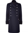 Bundle up in style in this fine navy-blue wool coat - Military style with classic double-breast, shoulder bars, wide sleeves, flap pockets and silver buttons - Lifetime investment piece - Wear with a suit, or casual jeans or corduroys and a cashmere pullover