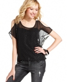 Sparkling rhinestones add serious glitz appeal to this sheer, shoulder cutout top from One Clothing. For a cool way to rev-up your day look, rock the top with a pair of rugged jeans. Sparkling rhinestones add serious glitz appeal to this sheer, shoulder cutout top from One Clothing. For a cool way to rev-up your day look, rock the top with a pair of rugged jeans.