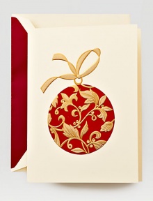 Dramatic with a touch of whimsy, the hand-engraved red and gold ornament on this Christmas card is holiday perfection. Inside reads May the joys and blessings of the Christmas season be yours throughout the year. Consider the garnet-lined cream envelope the star on top of the tree.Set of 10 cards5.5 X 7.38Made in USA