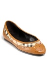 Menswear inspired leather trim lends a forward feel to a classic pair of check printed Burberry flats.