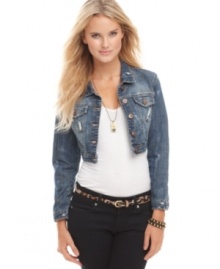 Dollhouse's cropped jean jacket is brimming with vintage charm! The slim fit and trend-forward abrasions are sure to flaunt your figure. Dollhouse's cropped jean jacket is brimming with vintage charm! The slim fit and trend-forward abrasions are sure to flaunt your figure.