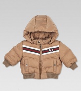 Quilted waterproof nylon topper with two front pockets, full-zip front, signature web detail and interlocking G chest patch.Snap-off hoodStand collarLong sleevesZip-frontSnap slash pocketsRibbed hem and cuffsFully linedGoose down fillPolyamideDry cleanMade in Italy
