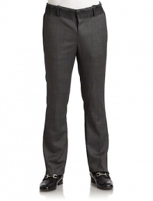 THE LOOKAllover micro plaid patternFelted waistband with belt loops and raw edgesHook-and-eye closure with interior button tabButton flySide zip pocketsBack button welt pocketTHE FITRise, about 13Inseam, about 31½THE MATERIALWoolPartially linedCARE & ORIGINDry cleanMade in Italy
