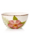 Feel like you're on holiday with Clay Art's tropical Hibiscus soup bowls, featuring rosy pink blooms and a rustic cocoa-brown rim in dishwasher-safe earthenware.