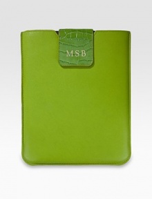 Stylish protection for your iPad or iPad 2, handcrafted in sleek leather with chamois lining to securely hold the unit in place. Chamois liningLeather8½ X 10Handmade in USAFOR PERSONALIZATION Select a quantity, then scroll down and click on PERSONALIZE & ADD TO BAG to choose and preview your personalization options. Please allow 2 to 3 weeks for delivery. Stylish protection for your iPad or iPad 2, handcrafted in sleek leather with chamois lining to securely hold the unit in place. Chamois liningLeather8½ X 10Handmade in USAFOR PERSONALIZATION Select a quantity, then scroll down and click on PERSONALIZE & ADD TO BAG to choose and preview your personalization options. Please allow 2 to 3 weeks for delivery.