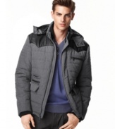 Major warmth, little bulk This Bar III quilted hooded bomber jacket offers sleek style to keep you cozy all season.