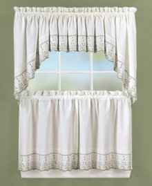 With crafted details and sweet vintage style, Abby window treatments set the scene in your kitchen for quaint country meals. Tailored tiers feature mini pleats, scalloped edges and delicate vines embroidered in three soothing hues. With crafted details and sweet vintage style, Abby window treatments set the scene in your kitchen for quaint country meals. Tailored tiers feature mini pleats, scalloped edges and delicate vines embroidered in three soothing hues.