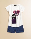 The always quirky Little Miss Marc adorns the front of this cozy, cotton design.Round necklineShort sleevesPullover styleRounded hemCottonMachine washImported