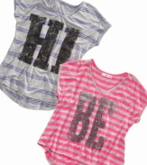No words need to be spoken when she slips into this eye-popping striped tee from Sugar Tart.