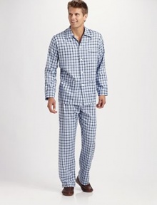 The height of nighttime luxury in premier woven cotton with a brushed texture and classic plaid pattern. Machine wash. Imported.SHIRTSpread collarButtonfrontThree front pocketsPANTSSide elastic waist insetsNo flySide pocketsInseam, about 31 The height of nighttime luxury in premier woven cotton with a brushed texture and classic plaid pattern. Machine wash. Imported.SHIRTSpread collarButtonfrontThree front pocketsPANTSSide elastic waist insetsNo flySide pocketsInseam, about 31