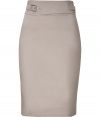 Stylish skirt in fine, dark beige cotton stretch blend - Perennially chic, curve-hugging pencil cut - Flattering A-Line silhouette - High waist with decorative belt - Rear vent and back zip - A polished classic ideal for work and evenings out - Pair with a silk tank or button down blouse, cropped blazer and peep toe pumps