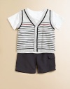 Cozy, classic v-neck knit adorned with stripes, plus an everyday tee and cute shorts for a handsome ensemble. Vest V-neckSleevelessButton front Tee CrewneckShort sleeves Shorts Elastic waistbandSide flap patch pocketShirt & Vest: CottonShorts: PolyesterMachine washImported Please note: Number of buttons may vary depending on size ordered. 