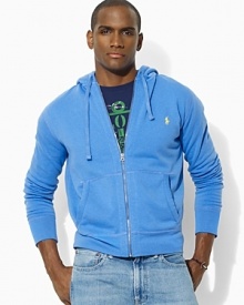 The full-zip hoodie gets a cozy update in light-as-air beach fleece with a waffle-lined hood for a comfortable layered look.