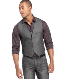 This vest from Marc Ecko is a versatile addition to your wardrobe. Dress up with a tie or down with a button-front shirt. Either way you have all of your options covered. This vest from Marc Ecko is a versatile addition to your wardrobe. Dress up with a tie or down with a button-front shirt. Either way you have all of your options covered.