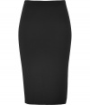 Quietly elegant and effortlessly cool, Jil Sanders black wool skirt ups the ante on ladylike luxe - Classically slim, high-waisted pencil cut - In a soft, medium-weight virgin wool  - Knee-length style slips on - Polished and preppy chic, ideal for pairing with a slim-cut blouse or a button down and long cardigan or pullover
