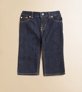 Classic, slim-fitting jeans are rendered in a rugged dark wash with authentic denim detailing.Snap closureRear elasticized waistband with belt loopsZip flyFive-pocket styleCottonMachine washImported