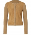 Elegant cotton-knit cardigan with soft suede detail is a timeless piece that adds sophistication to any wardrobe - Features long, slim sleeves, high, rounded collar and short waist - Stitched panels of luxurious suede at front give subtle style to the piece - Wear to the office with a pencil skirt and silk top and stiletto heels, or with fitted trousers and kitten heels