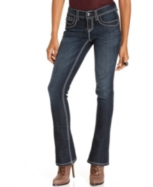 These slim bootcut jeans from Seven7's petite collection is hot, hot, hot! Studded back pockets and contrast topstitching  give it extra oompth!