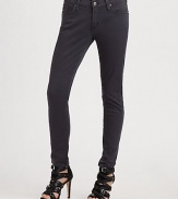 The comfort of denim jeans combine with the sleek look of leggings for a coveted 5-pocket style with a mid rise, fitted leg and slightly faded gray wash.Narrow waistband with belt loops and button closure Front zipperFive-pocket style Darts at back patch pocketsInseam, about 2998% cotton/2% LycraMachine wash Made in USA