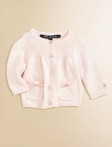 A charming layer with playful bows on the front and back.Ribbed crewneckButton frontLong sleeves with ribbed cuffsPatch side pocketsBack bow detailRibbed hem94% cotton/6% angoraMachine washImported Please note: Number of buttons may vary depending on size ordered. A charming layer with playful bows on the front and back.Ribbed crewneckButton frontLong sleeves with ribbed cuffsPatch side pocketsBack bow detailRibbed hem94% cotton/6% angoraMachine washImported Please note: Number of buttons may vary depending on size ordered.