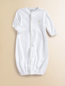 This soft cotton gown with embroidery can be converted to legs. Picot trim Front snaps Cotton; machine wash Imported
