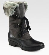 Extra soft rabbit fur tops this suede and leather boot, with contrasting laces and a durable rubber sole. Rubber heel, 1½ (40mm)Rubber platform, ¾ (20mm)Compares to a ¾ heel (20mm)Shaft, 9Leg circumference, 12Weatherproof suede and leather upper with faux fur trimFaux fur lining with removable sockSlip resistant rubber trek solePadded insoleMade in Italy
