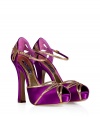 Regal and elegant, these gold and fuchsia platform heels from Ralph Lauren Collection will add a style-centric kick to your cocktail look - Peep-toe, front platform, cut out details with gold trim, ankle strap closure, chunky high heel - Pair with a flirty party dress and a classic clutch