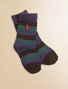 Ultra-soft and ultra-stylish for little feet with bold stripes and requisite pony embroidery.73% cotton/23% nylon/3% rubber/1% spandexMachine washImported