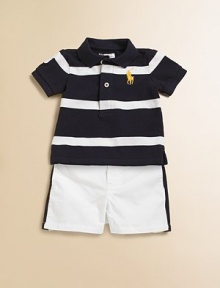 Embroidered with Ralph Lauren's Big Pony for an iconic look, a preppy striped polo is perfectly paired with crisp Embroidered with Ralph Lauren's Big Pony for an iconic look, a preppy striped polo is perfectly paired with crisp