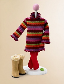 The Warm n' Toasty Outfit for 18 dolls includes a green, orange, red, pink and lavender striped, turtleneck sweater that features long sleeves which are ruffled at the edge. Red tights with a silver shimmer, tan velour boots that are edged with cream fur at the top and a green hair tie completes this outfit.Fit 18 tall dollsRecommended for ages 3 and upImported
