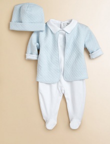 Three-piece gift set includes one button-front, quilted jacket, solid footie with scalloping and rocking horse embroidery and matching quilted hat. Footie Point collarLong sleeves with mitten cuffsBack snapsBottom snaps Jacket CrewneckLong sleevesFront button closurePima cottonMachine washImported Please note: Number of snaps/buttons may vary depending on size ordered. Three-piece gift set includes one button-front, quilted jacket, solid footie with scalloping and rocking horse embroidery and matching quilted hat. Footie Point collarLong sleeves with mitten cuffsBack snapsBottom snaps Jacket CrewneckLong sleevesFront button closurePima cottonMachine washImported Please note: Number of snaps/buttons may vary depending on size ordered.
