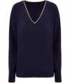 Classic meets contemporary-cool in Juicy Coutures super soft metallic-trimmed regal V-neck cashmere pullover - V-neckline, long sleeves, embroidered logo, fine ribbed trim - Style with favorite skinnies, leggings, mini-skirts or cords