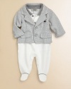 Combining the style of a pique polo shirt, a houndstooth jacket and a cozy cotton footie for an adorable one-piece ensemble.Polo collarLong sleeves with button cuffsButton-frontFront flap pocketsBottom snapsCottonDry cleanImported Please note: Number of buttons/snaps may vary depending on size ordered. 