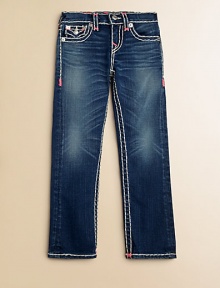 Thick, contrast stitching with neon bartacks, silvertone hardware and signature pockets define this comfy, slim-fitting pair.Front button closureAdjustable waistband with belt loopsZip flyFive-pocket styleCotton/SpandexMachine washImported of domestic fabric